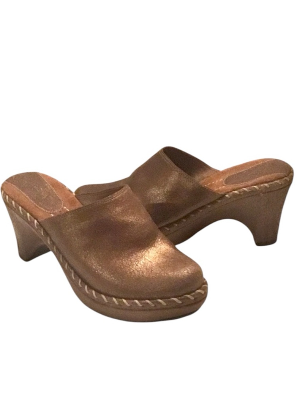 FRYE CHARLOTTE Clog Bronze Crackled Leather Whipstitching Slip-on Mule Size-6